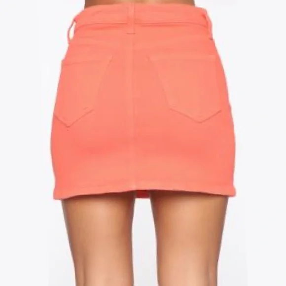 FASHION NOVA—NEON CORAL STRETCH—5 POCKET DENIM—MINI SKIRT!! (BNWT/IN ORIGINAL)!! - Picture 5 of 9